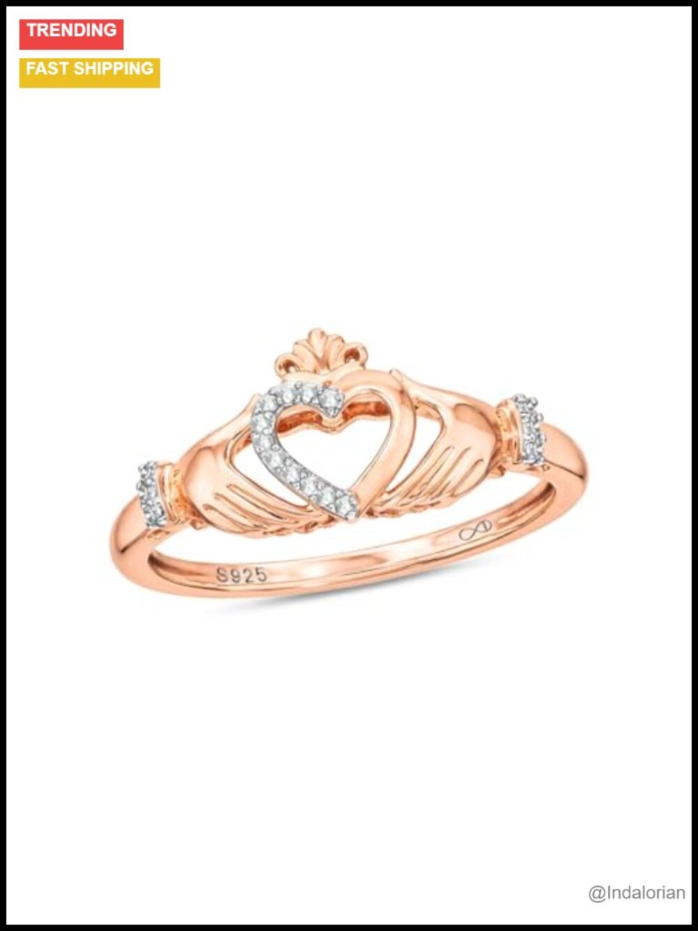 18KT Rose Gold Vermeil 925 Silver Diamond Claddagh Ring Women